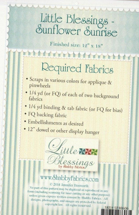 Little Blessings Wall Hanging- Pattern - by Shabby Fabrics - 12" x 18" - Sunflower Sunrise - RebsFabStash