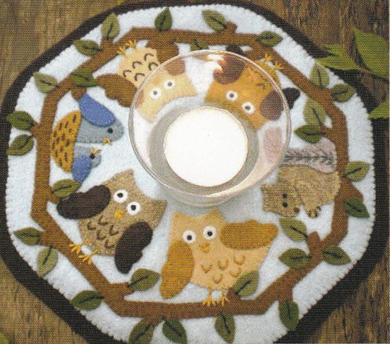 Little Stitchies Wool Felt PATTERN- In the Woods Candle Mat or table topper - Bareroots by Barri Sue Gaudet - Primitive - Owls - RebsFabStash