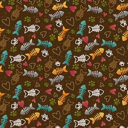 Live Love Meow - per yard- Henry Glass by Leanne Anderson and Kaytlyn Kuebler - Whole Country Caboodle - Fish Bones and Hearts on Brown 1941-38 - RebsFabStash