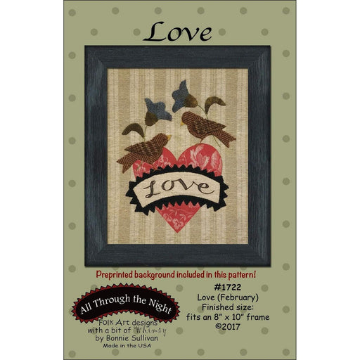 Love -February- Preprinted embroidery applique pattern - Bonnie Sullivan-Flannel or Wool-All Through the Night -Primitive, applique - RebsFabStash