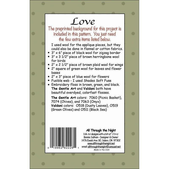 Love -February- Preprinted embroidery applique pattern - Bonnie Sullivan-Flannel or Wool-All Through the Night -Primitive, applique - RebsFabStash