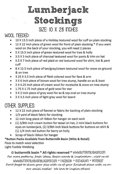 Lumberjack Stockings - PATTERN- Buttermilk Basin - Stacy West- Use wool, felt, flannel, or regular cotton! - RebsFabStash