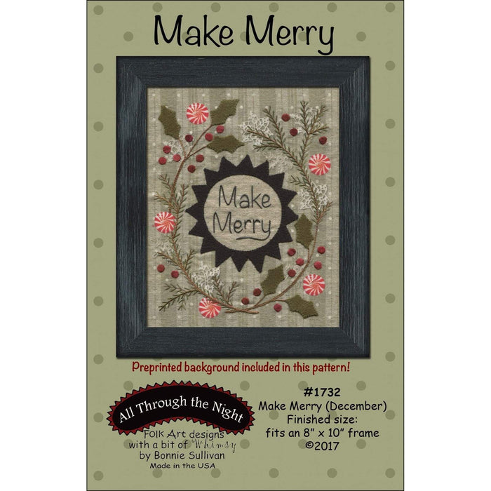 Make Merry -December- Preprinted embroidery applique pattern - Bonnie Sullivan-Flannel or Wool-All Through the Night -Primitive, applique - RebsFabStash