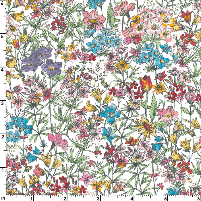 Meadow Edge - Large Meadow Flower - Per Yard - by Maywood Studio - Floral, Butterflies - White - MASD10002-W
