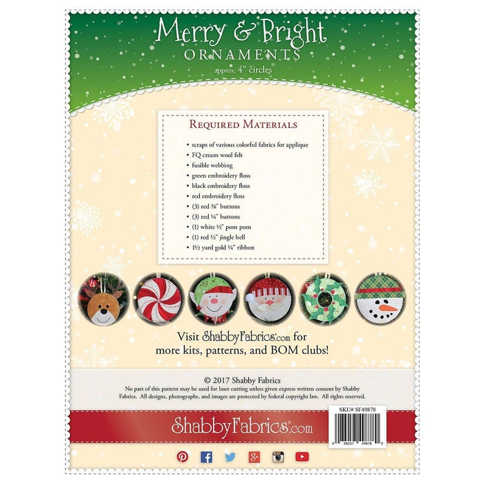 Merry & Bright Ornaments - PATTERN - by Shabby Fabrics - approx. 4" circles - Christmas - RebsFabStash