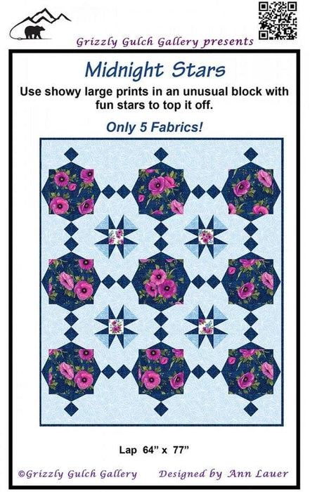 Midnight Stars Quilt Pattern by Ann Lauer - Lap Quilt pattern - Grizzly Gulch Gallery - Uses large prints! Blocks are 12.5" square - RebsFabStash