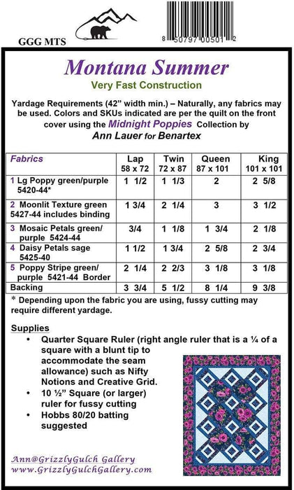 Montana Summer - Quilt Pattern - by Ann Lauer - Includes instructions for Lap, Twin, Queen and King Quilt! Uses Midnight Poppies! - RebsFabStash