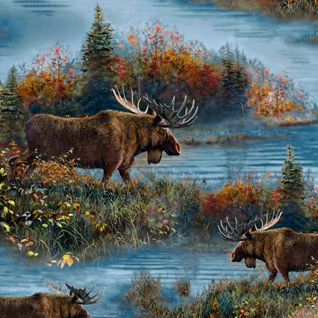 Moose Country - per yard - Jim Hansel - JQ Licensing - Quilting Treasures - Digital Print - Moose Scenic - Blue - RebsFabStash