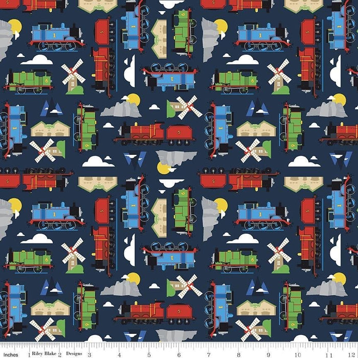 New! All Aboard with Thomas & Friends - Sodor Navy - Per Yard - Riley Blake Designs - Licensed - Trains, Stations, Windmills, Mountains - C11002 Navy - RebsFabStash