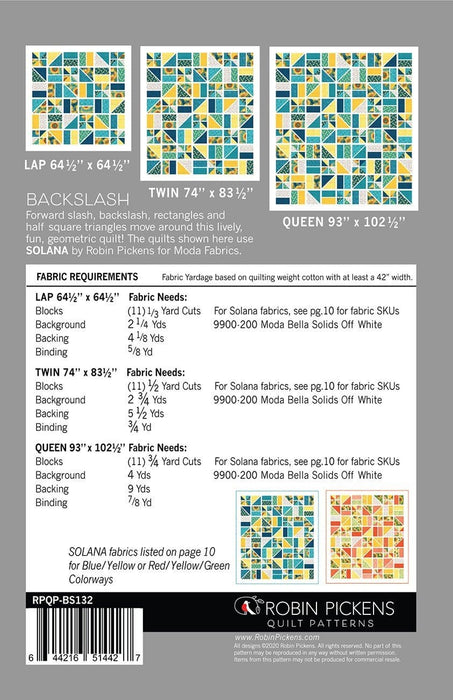 New! Backslash - Quilt PATTERN - by Robin Pickens - Features Solana by Moda - three sizes! - RebsFabStash