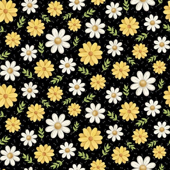 NEW! Bee You! - Tossed Daisies - Per Yard - by Shelly Comiskey for Henry Glass - Floral - Black - 105-99 - RebsFabStash