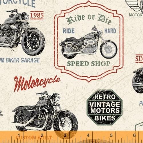 New! Born to Ride - per yard - By Rosemarie Lavin for Windham Fabrics - 52240-1 - Retro Moterbikes on White - RebsFabStash