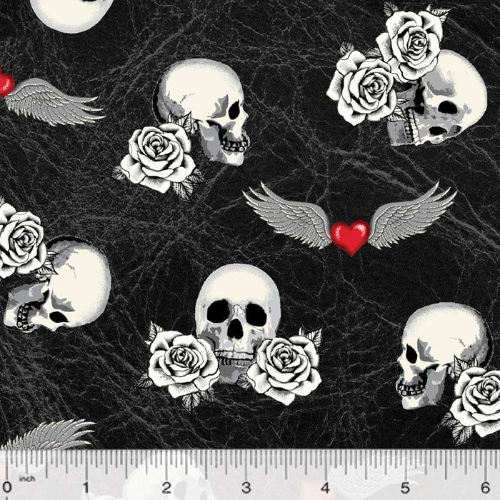 New! Born to Ride - per yard - By Rosemarie Lavin for Windham Fabrics - 52241-1 - Skulls, Wings, & Roses on Off-White - RebsFabStash