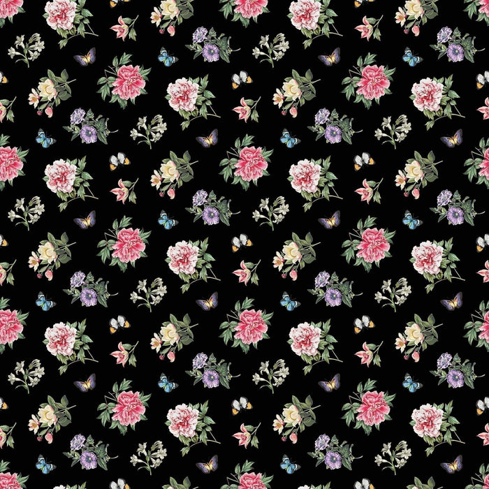 Botanica - Floral - Black Multi - per yard - by Michel Design Works for Northcott - Flowers and Butterflies on Black - RebsFabStash