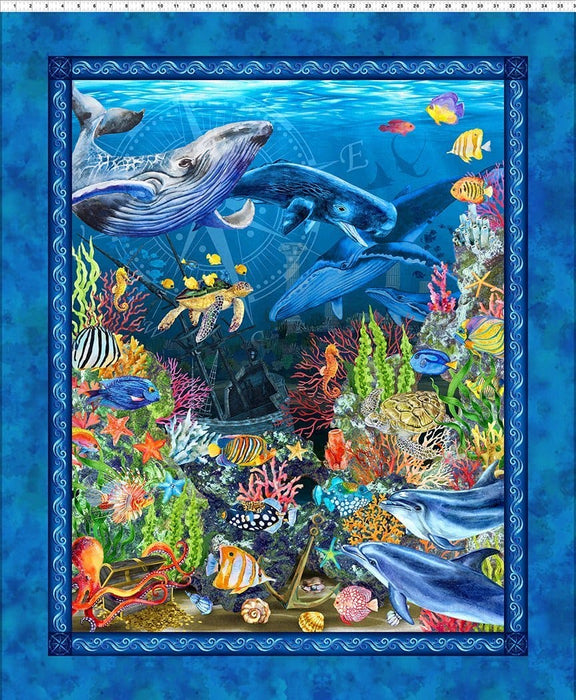 NEW! Calypso II - Border Print Blue - Per Yard - Jason Yenter - In The Beginning - Ocean, Fish - 21CAL1 - RebsFabStash