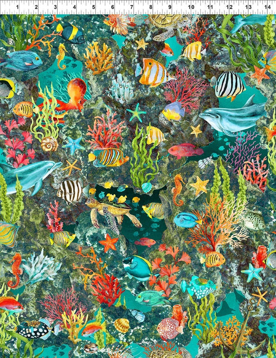 NEW! Calypso II - Coral TEAL - Per Yard - Jason Yenter - In The Beginning - Tonal, Blender, Ocean, Fish - 28CAL2 - RebsFabStash