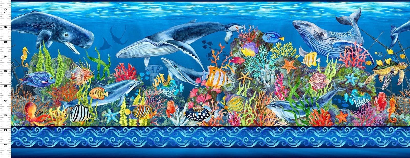 Calypso II BLUE Border Print - Jason Yenter - In The Beginning - Ocean, Fish, Sealife Fabrics