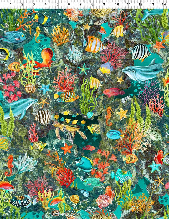 Calypso II TEAL Reef Yardage by Jason Yenter - In The Beginning - Ocean, Fish Fabrics
