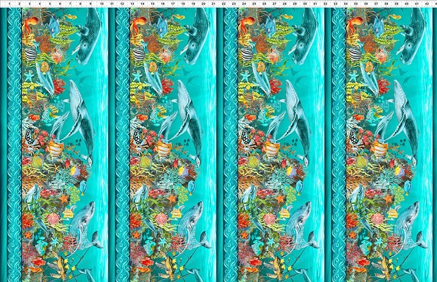 Calypso II TEAL Border Print by Jason Yenter - In The Beginning - Ocean, Fish Fabrics
