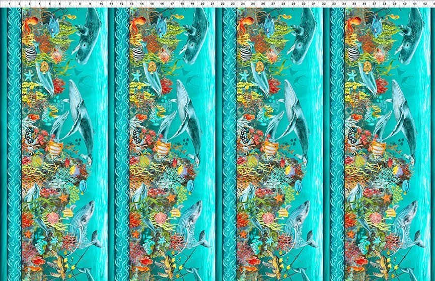NEW! Calypso II Teal Border Print - Jason Yenter - In The Beginning - Ocean, Fish Fabrics