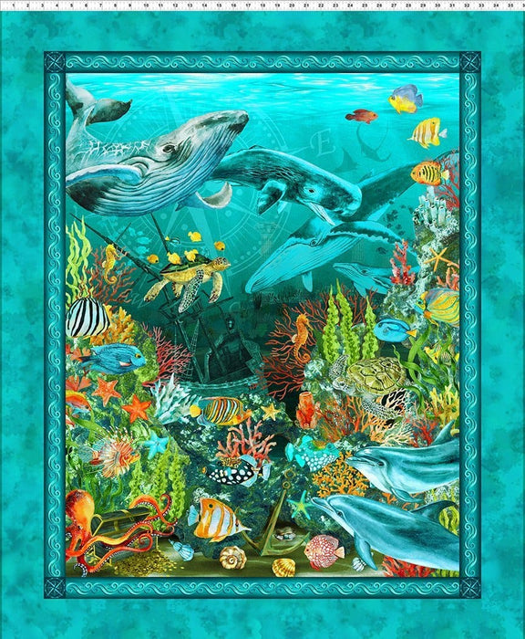 Calypso II - PANEL Teal - Jason Yenter - In The Beginning - Ocean, Fish Fabrics