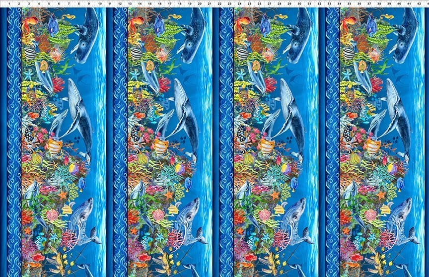 Calypso II - BLUE Border Print by Jason Yenter - In The Beginning - Ocean, Fish Fabrics