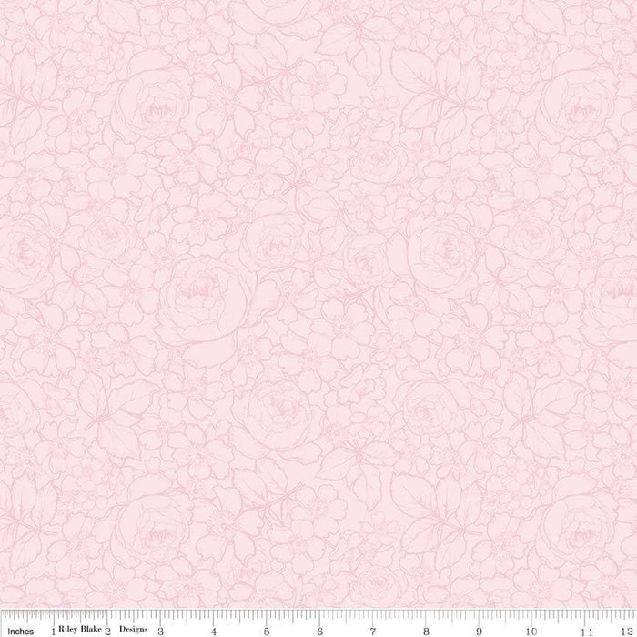 NEW! English Rose by Penny Rose Studio - Per Yard - Beautiful pinks and browns and roses! - Small rose wreath on cream - RebsFabStash