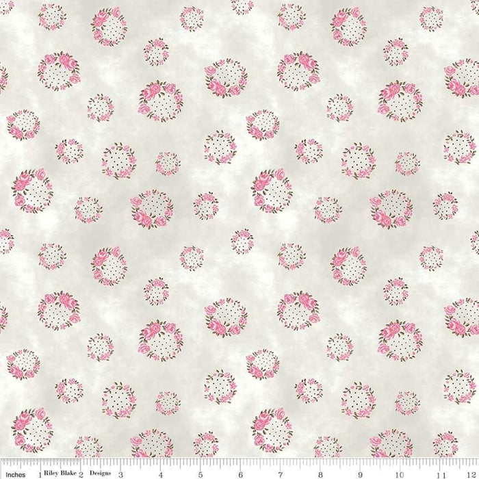 NEW! English Rose by Penny Rose Studio - Per Yard - Beautiful pinks and browns and roses! - Small rose wreath on cream - RebsFabStash