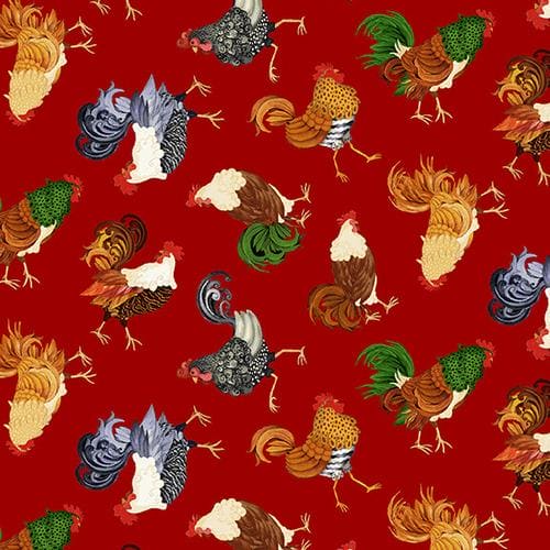 NEW! Farm Raised - per yard - by Gail Green for Henry Glass - Red Tossed Chickens - 1977 88 - RebsFabStash