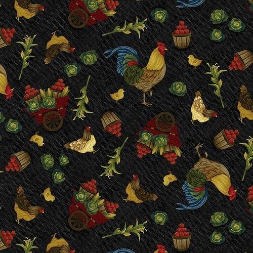 New! Farm to Market - Rooster Toss Black - by the yard - by Jan Mott of Crane Designs for Henry Glass - 2560-99 Black - RebsFabStash