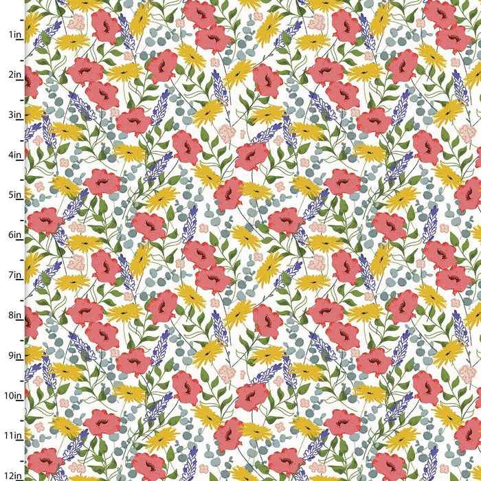 New! Feed The Bees - Per Yard - by Deane Beesley - 3 Wishes - Allover Floral - Flowers on White - RebsFabStash