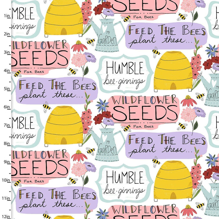 New! Feed The Bees - Per Yard - by Deane Beesley - 3 Wishes - Bumble Seeds - White on Black - Blender - RebsFabStash