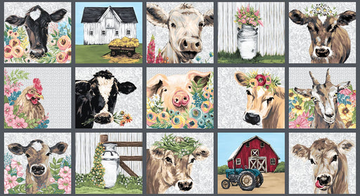 NEW! - French Hill Farms - Farm Blocks Panel - Per PANEL - Michelle Norman - Blank Quilting - 24" x 43" - Gray - 1844-90 - RebsFabStash