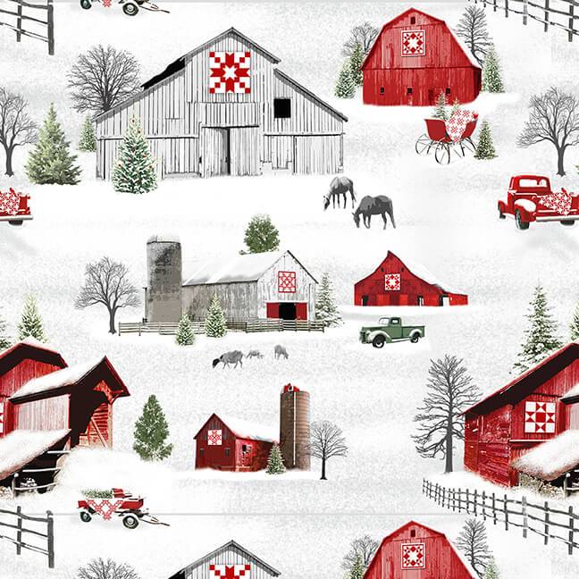 New! Holiday Heartland - Barns & Trucks Scenic - per yard - by Jan Shade Beach for Henry Glass - Winter - Gray/Red - RebsFabStash