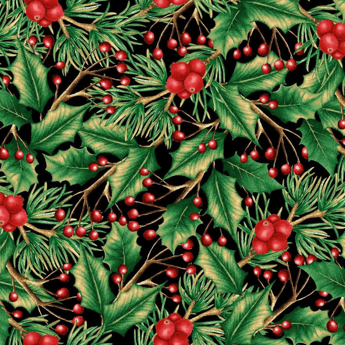 NEW! Hometown Holiday - by Sheri Hart for Henry Glass - Holly - 2476-99 Black - RebsFabStash