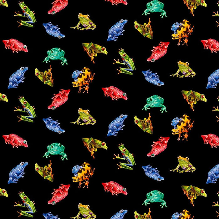 NEW! Jewels of the Jungle - Continuous Yardage Block Panel - Per PANEL - by Lori Anzalone for Studio e - Digital Print, Frogs - 24" x 42" panel - Black - 5566-99 - RebsFabStash