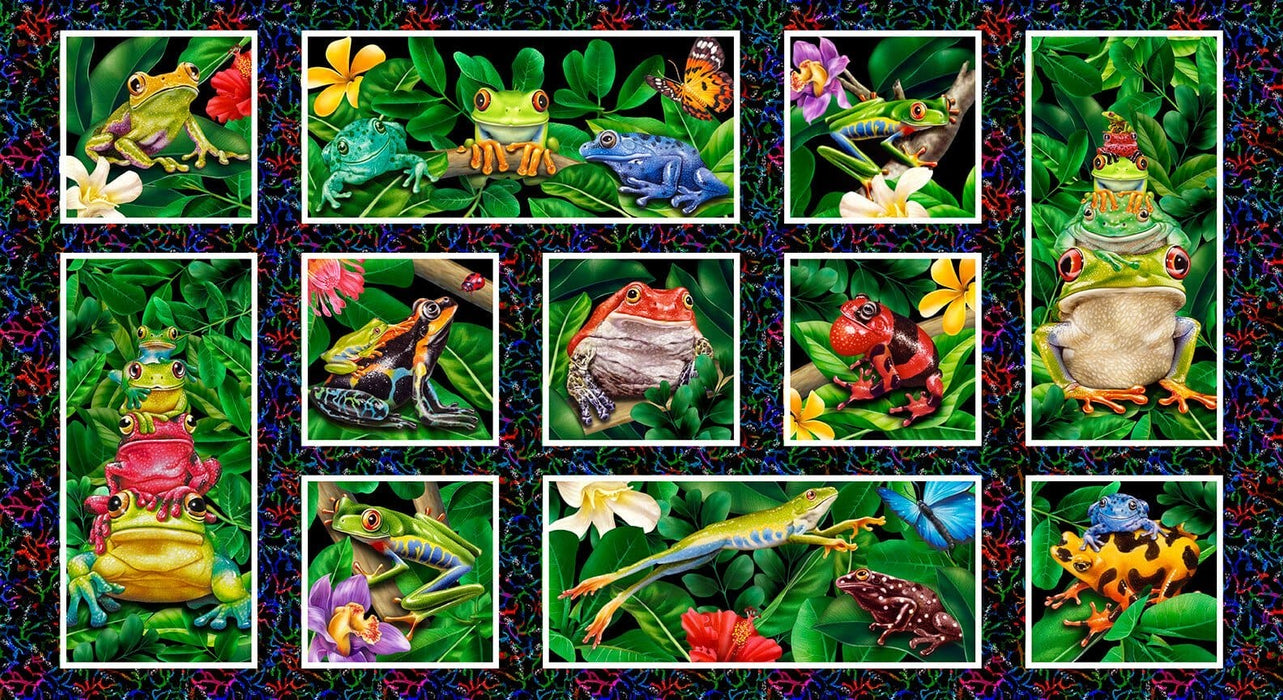 NEW! Jewels of the Jungle - Leaping Frog and Insects - Per Yard - by Lori Anzalone for Studio e - Digital Print, Frogs - White - 5560-9 - RebsFabStash