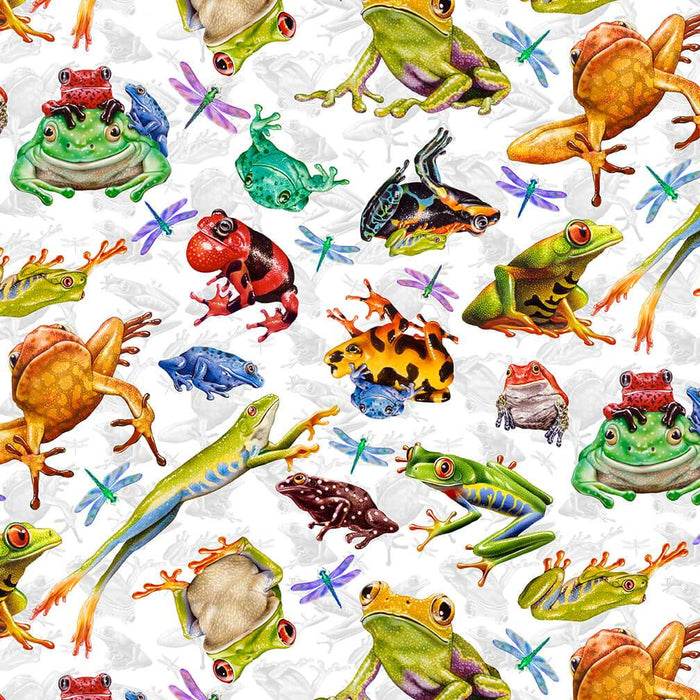 NEW! Jewels of the Jungle - Leaping Frog and Insects - Per Yard - by Lori Anzalone for Studio e - Digital Print, Frogs - White - 5560-9 - RebsFabStash