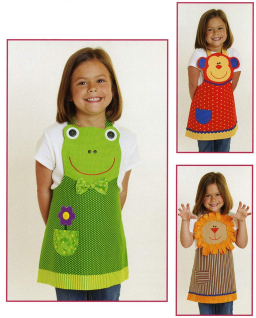 New! Jungle Friends - Child's Apron - Frog, Monkey, Lion - Pattern includes size 3-8 - Cotton Ginny's - These are sew cute!! - RebsFabStash