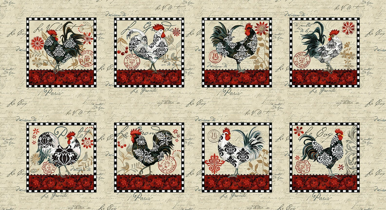 New! Le Poulet - Rooster Allover - Per Yard - by Jennifer Brinely - Studio E - Roosters, Script - 5461-33 Cream - RebsFabStash
