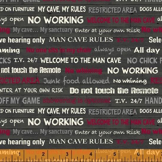 New! Man Cave Rules PANEL - Per Panel - by Rosemarie Lavin for Windham - Sign, Text, Rules, Games - 24" x 42" Panel - White 52410P-X - RebsFabStash