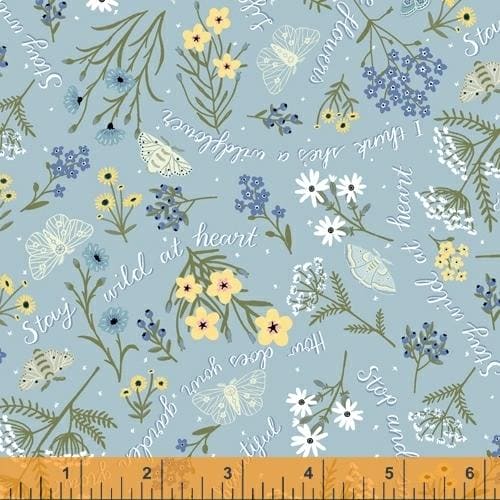 New! Meadow Whispers - per yard - Windham Fabrics - Bex Morley - Phrases, flowers, and moths on light blue - 51942-5 - RebsFabStash