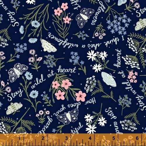 New! Meadow Whispers - per yard - Windham Fabrics - Bex Morley - Phrases, flowers, and moths on pink - 51942-4 - RebsFabStash