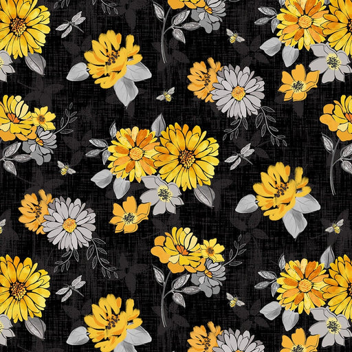 NEW! - Mellow Yellow - Large Floral - Per Yard - Blank Quilting - Black - 1964-99 - RebsFabStash
