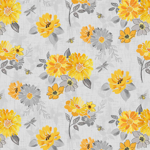 NEW! - Mellow Yellow - Large Floral - Per Yard - Blank Quilting - Light Gray - 1964-90 - RebsFabStash