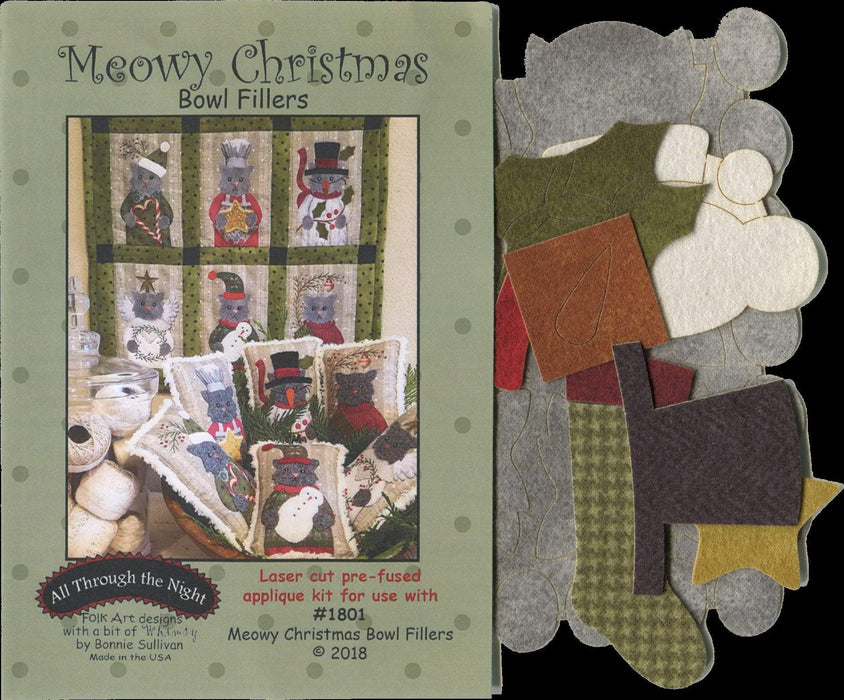 NEW! Meowy Christmas Bowl Fillers - Preprinted applique pattern - Bonnie Sullivan - Flannel or Wool - KIT AVAILABLE! - Primitive - RebsFabStash