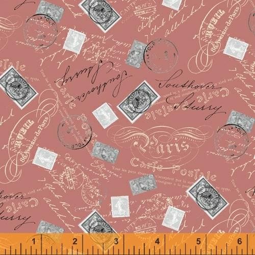 New! Merci Paris - per yard - Windham Fabrics - Whistler Studios - Parisian stamps on dusty rose - 52141-5 - RebsFabStash