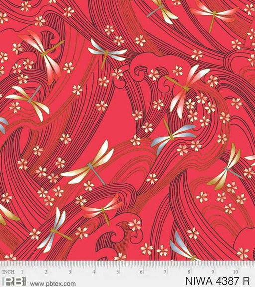 New! NIWA Dragon Flies- Per Yard - by P&B Textiles - Gold Metallic, Dragonflies, Flowers, Swirls- 4387 R - Red - RebsFabStash