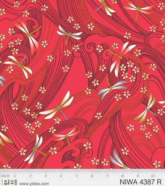 New! NIWA Dragon Flies- Per Yard - by P&B Textiles - Gold Metallic, Dragonflies, Flowers, Swirls- 4387 R - Red - RebsFabStash