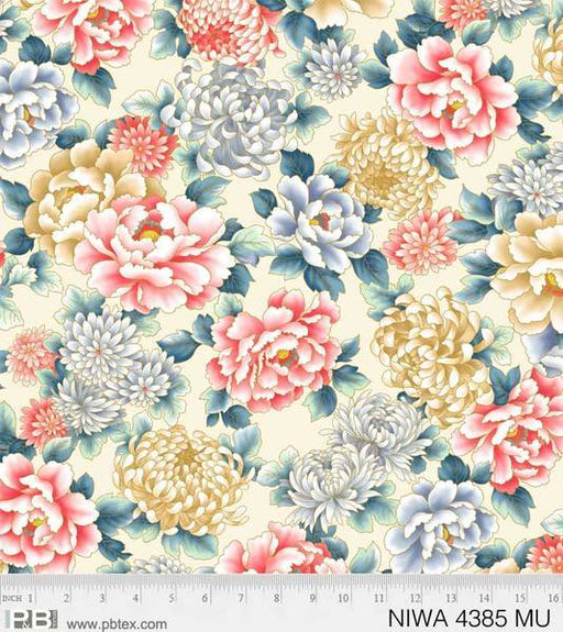 New! NIWA Large Floral - Per Yard - by P&B Textiles - Gold Metallic, Flowers - 4385 MU - Cream - RebsFabStash